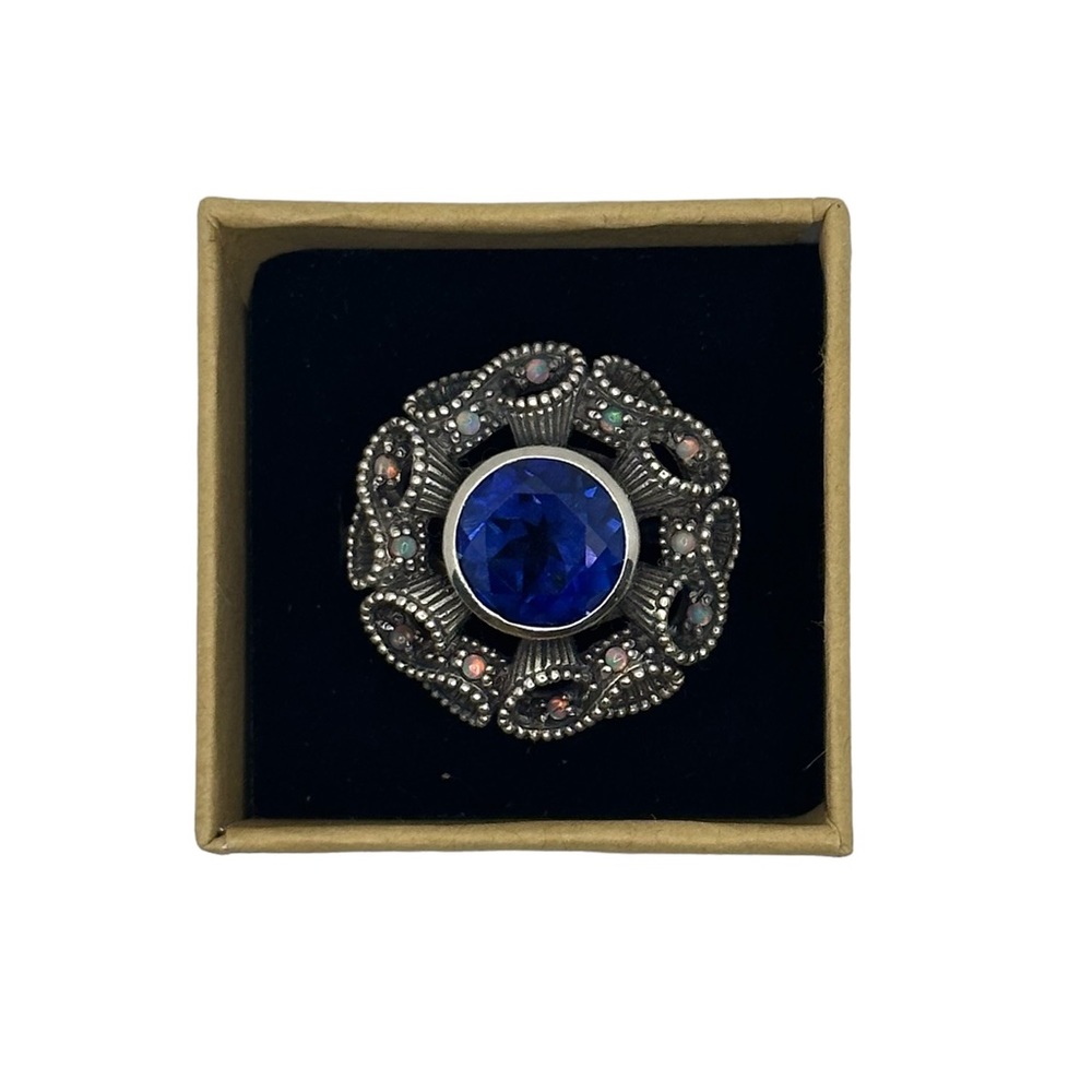 Blue Iolite and Opal sterling silver boho ring size 6